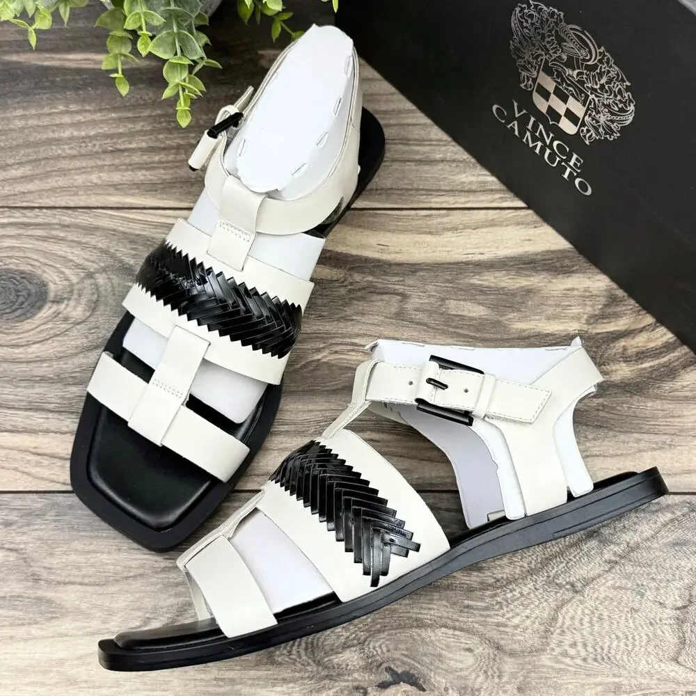 NIB Vince Camuto 9M Bachelen Leather Square Toe Gladiator Sandal Coconut Cream - Picture 1 of 12